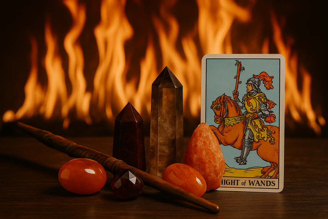 Fire element crystals with tarot and wand