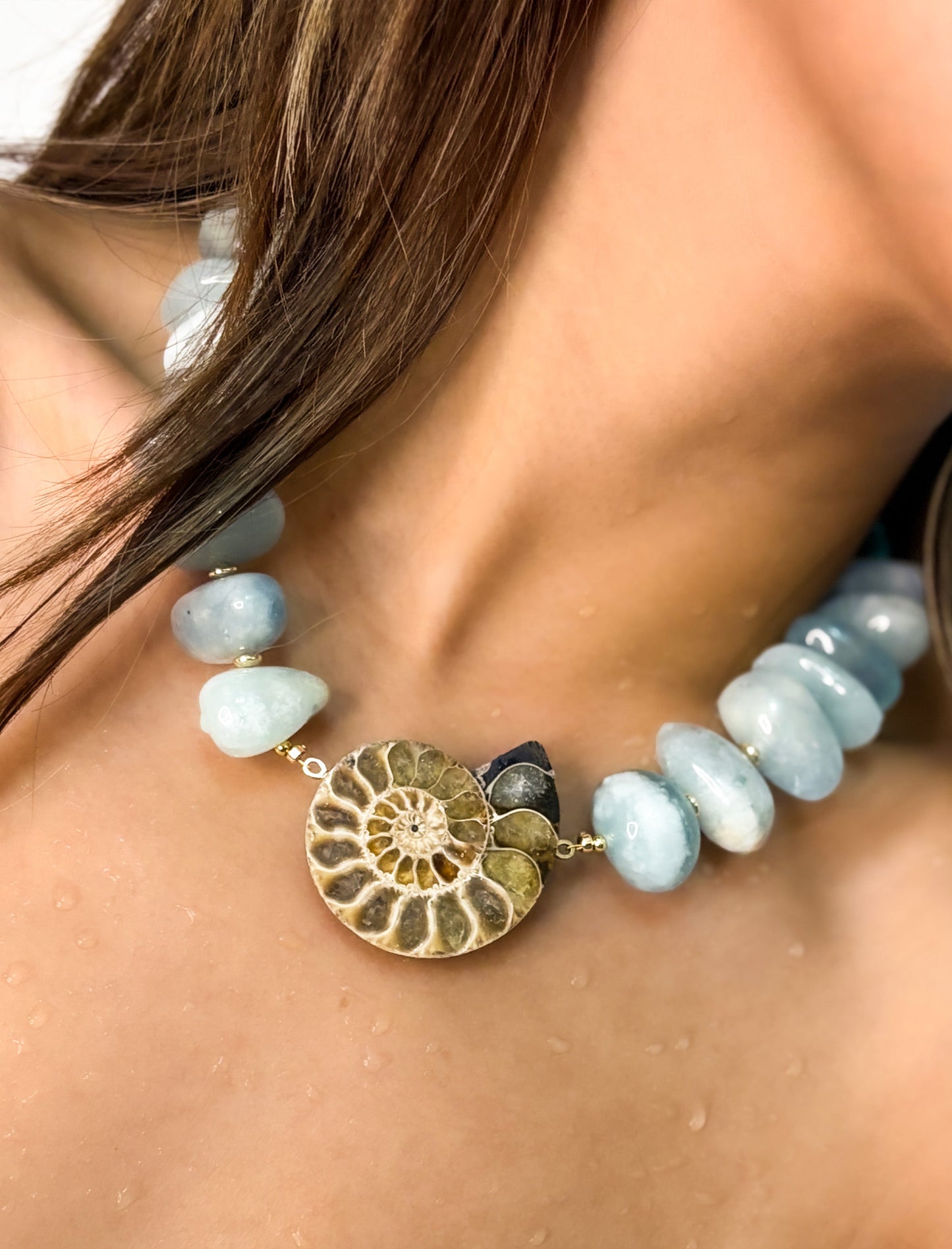 Brave Connection - Aquamarine and Ammonite Charm Necklace Mali & Ell