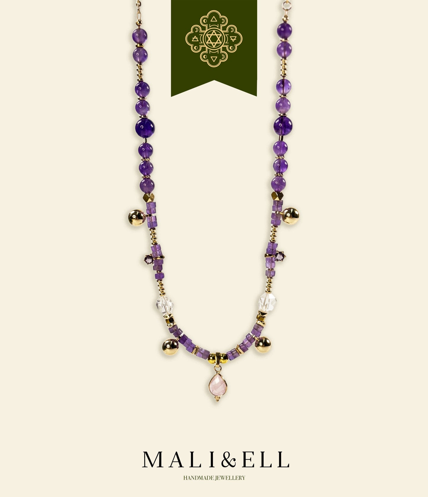 Purple Clarity Harmony Necklace – Amethyst, Clear Quartz & Rose Quartz Mali & Ell