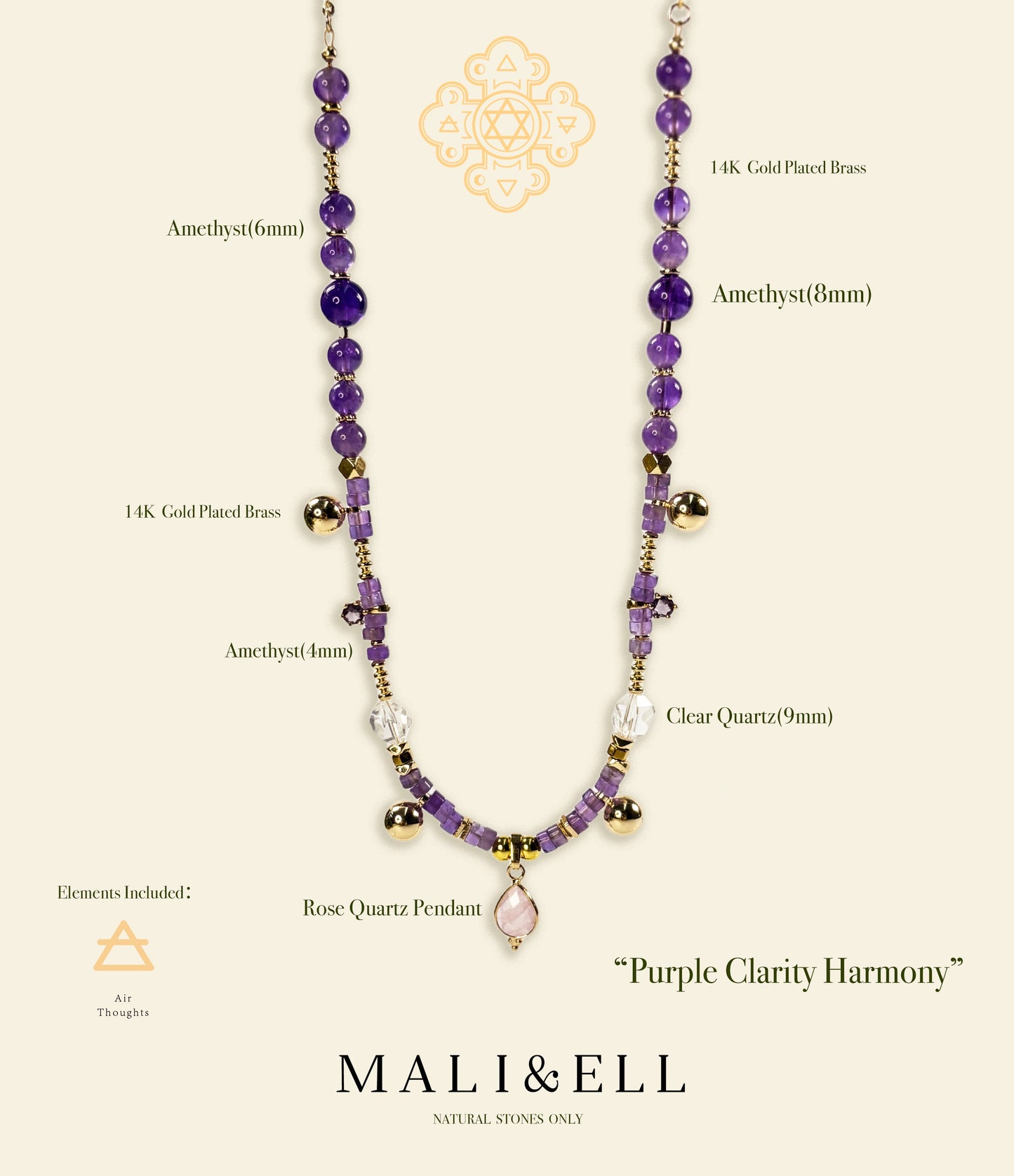Purple Clarity Harmony Necklace – Amethyst, Clear Quartz & Rose Quartz Mali & Ell
