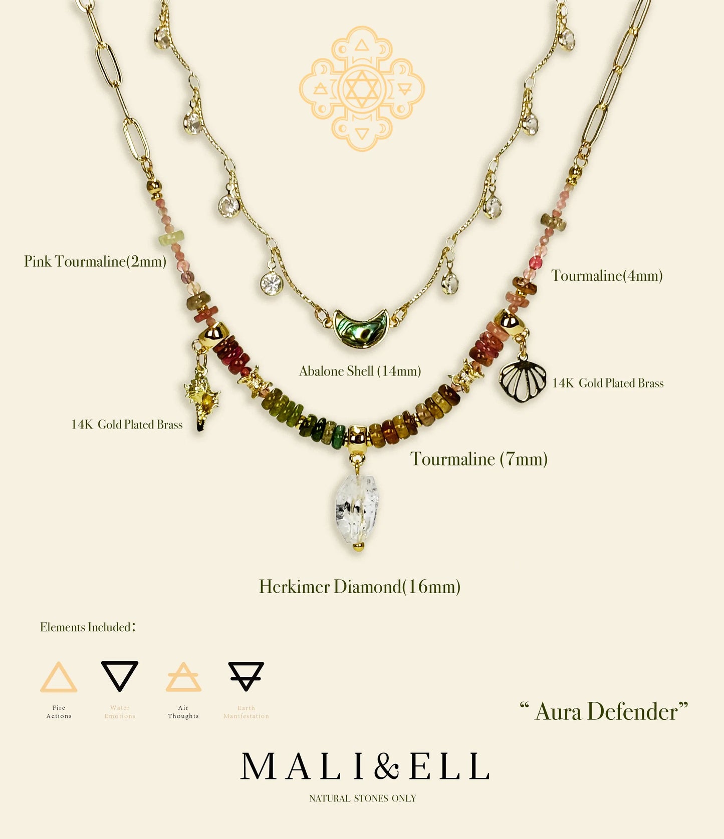 Multicolor tourmaline beads necklace with Herkimer diamond pendant with detail descriptions and size clarification