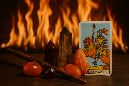 Fire element crystals with tarot and wand