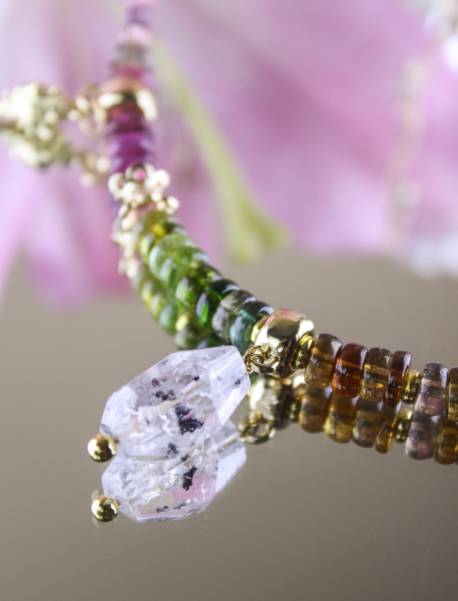 Herkimer diamond quartz with multicolor tourmaline beads necklace