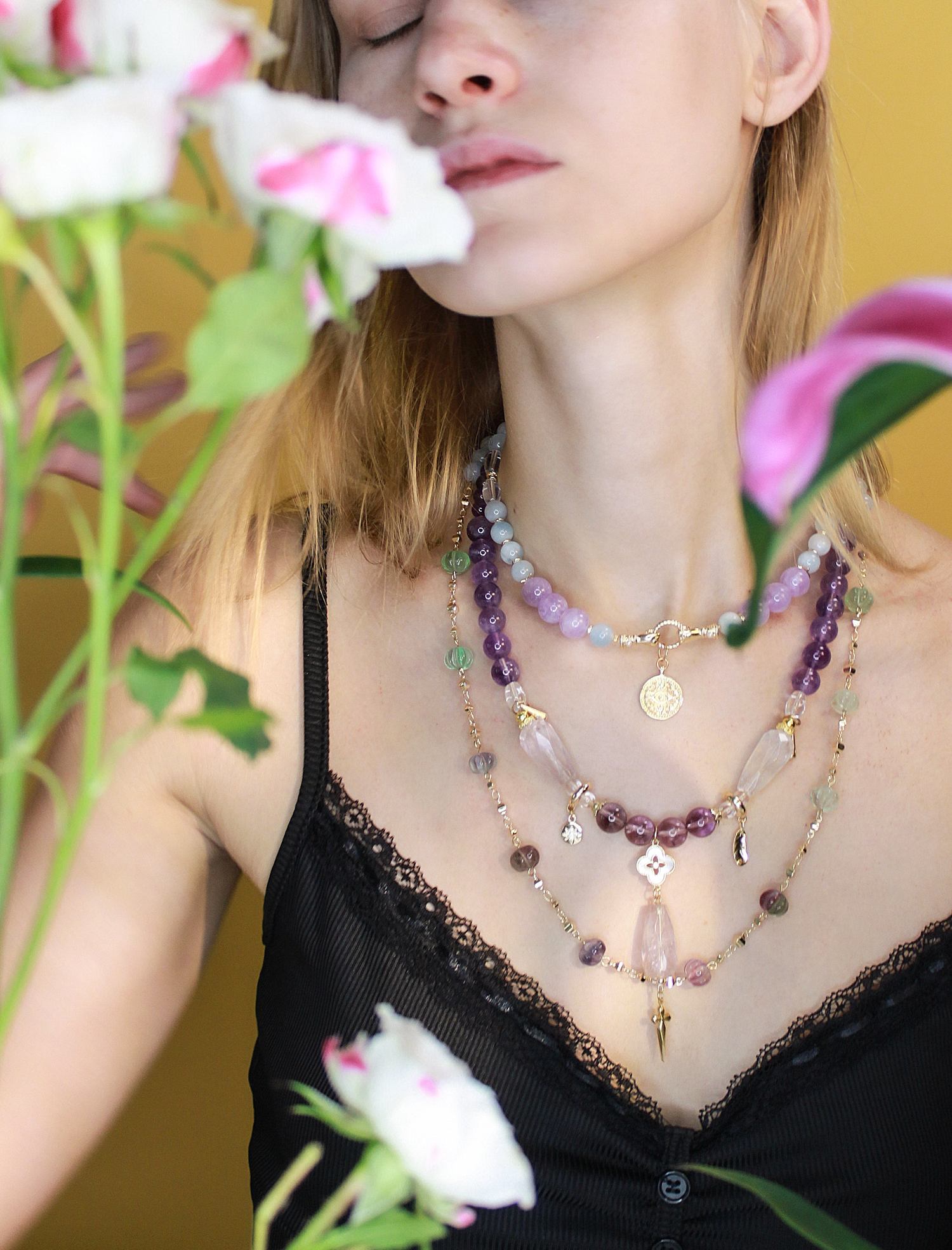 Air Element Crystal Necklaces featuring aquamarine and amethyst by Mali and Ell