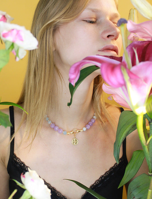 Air Element Crystal Necklace Featuring Aquamarine and Amethyst