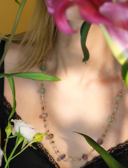 Air Element Crystal Necklace Featuring Fluorite and 14k Gold Plated Chain