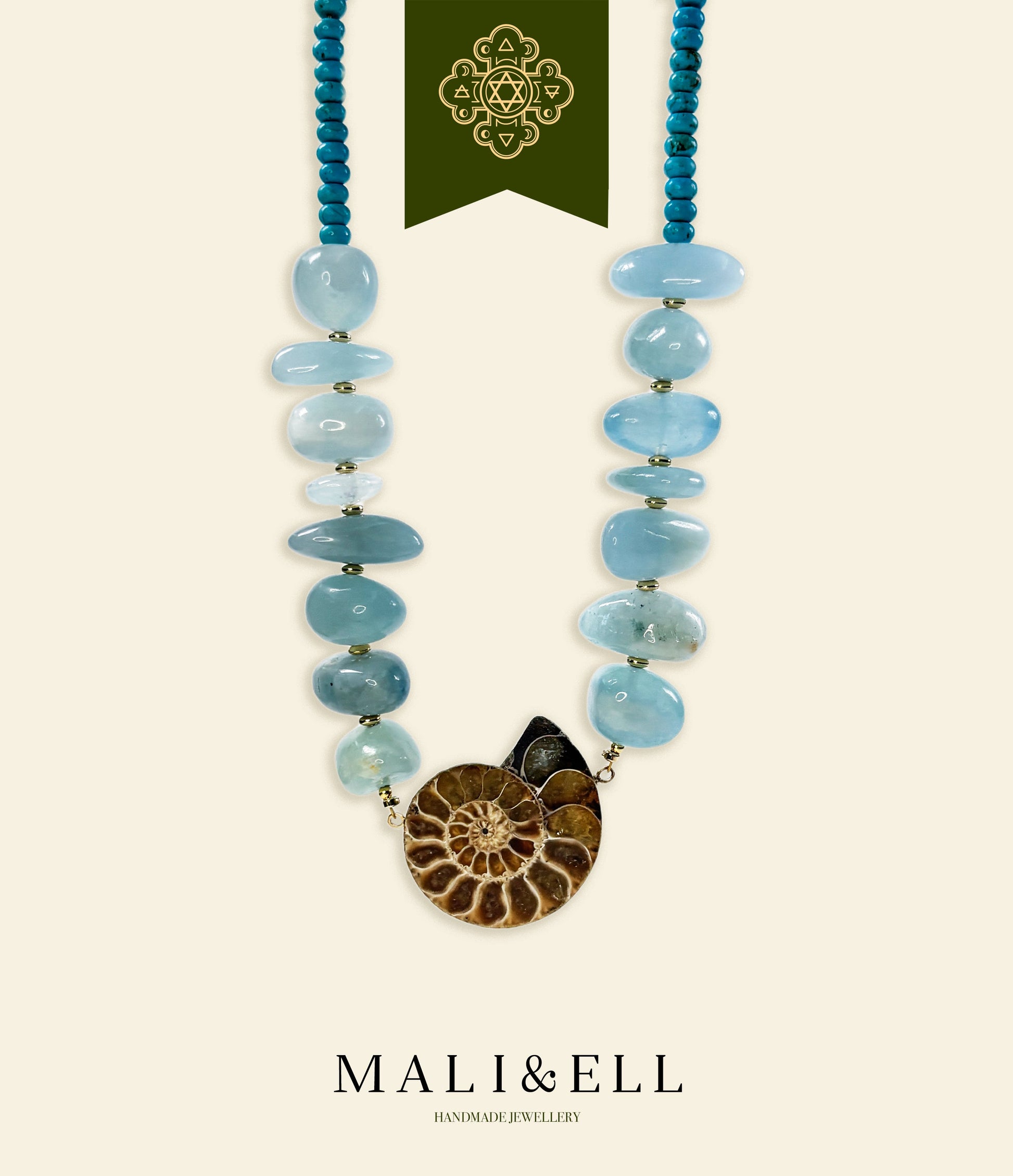 Brave Connection - Aquamarine and Ammonite Charm Necklace Mali & Ell