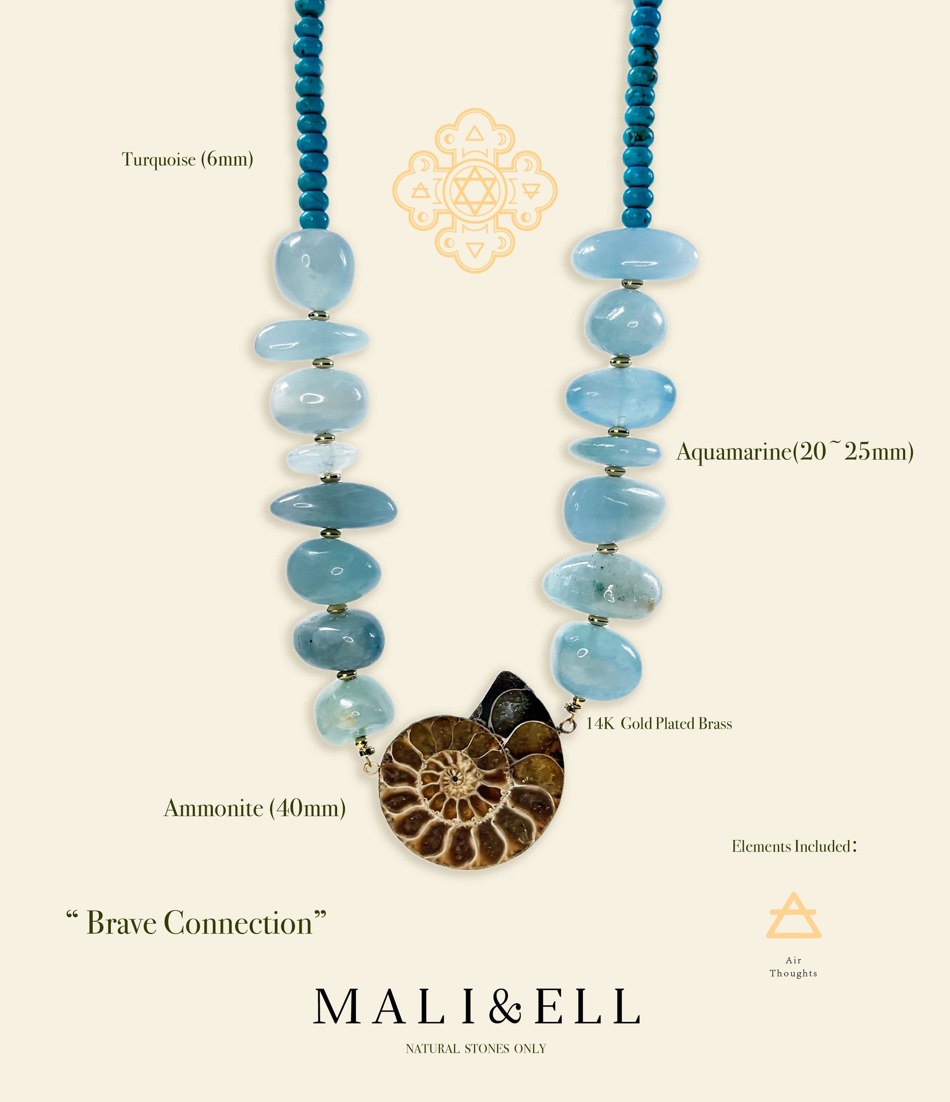 Brave Connection - Aquamarine and Ammonite Charm Necklace Mali & Ell