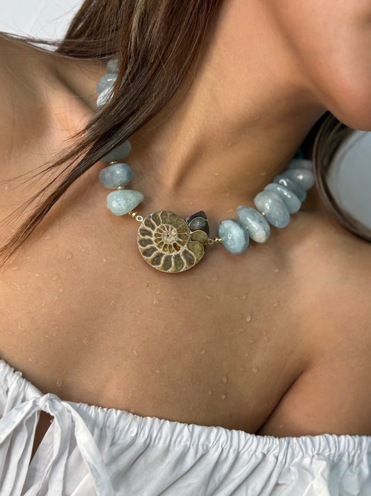 Brave Connection - Aquamarine and Ammonite Charm Necklace Mali & Ell