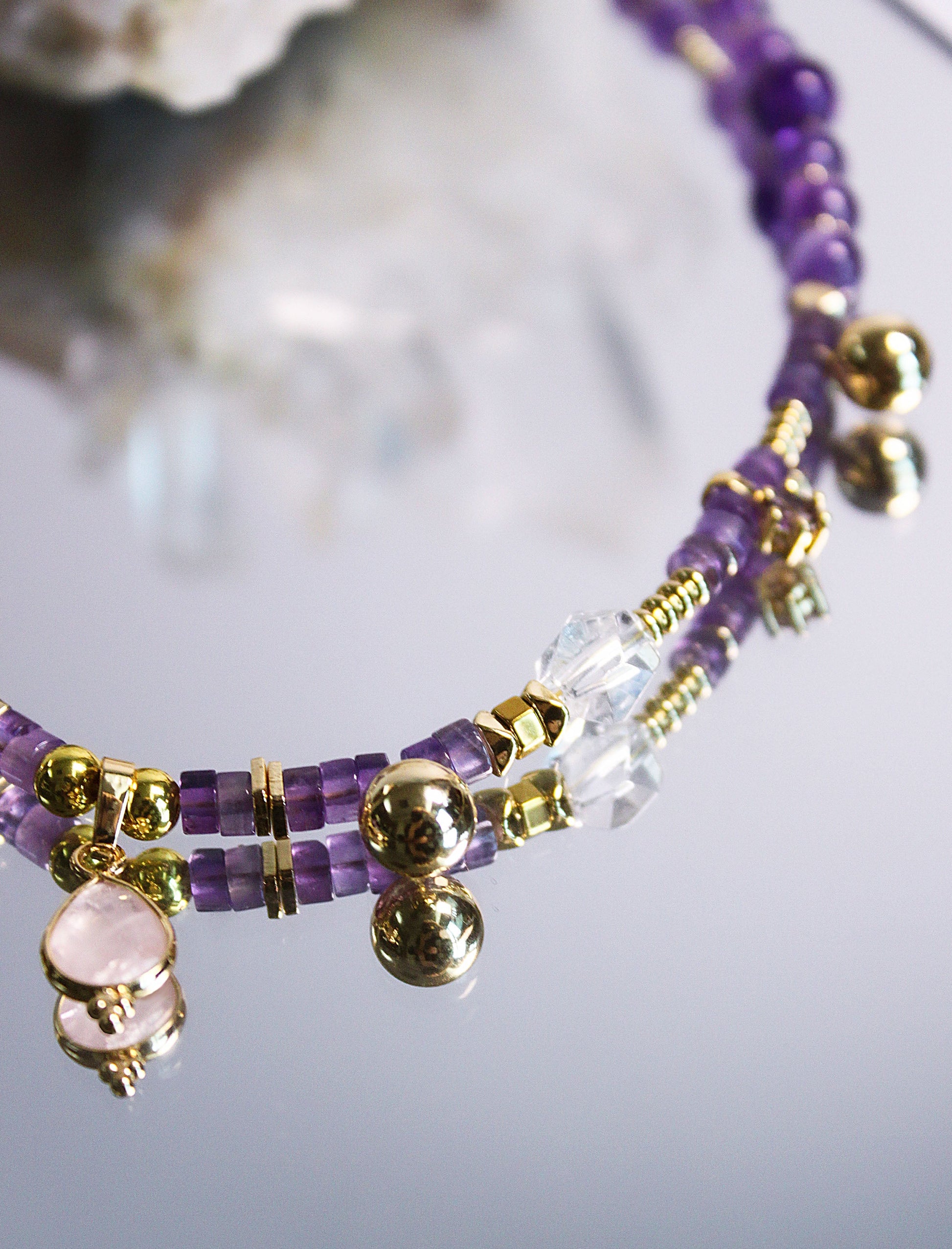 Purple Clarity Harmony Necklace – Amethyst, Clear Quartz & Rose Quartz Mali & Ell