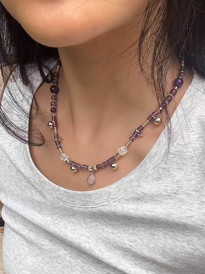 Purple Clarity Harmony Necklace – Amethyst, Clear Quartz & Rose Quartz Mali & Ell
