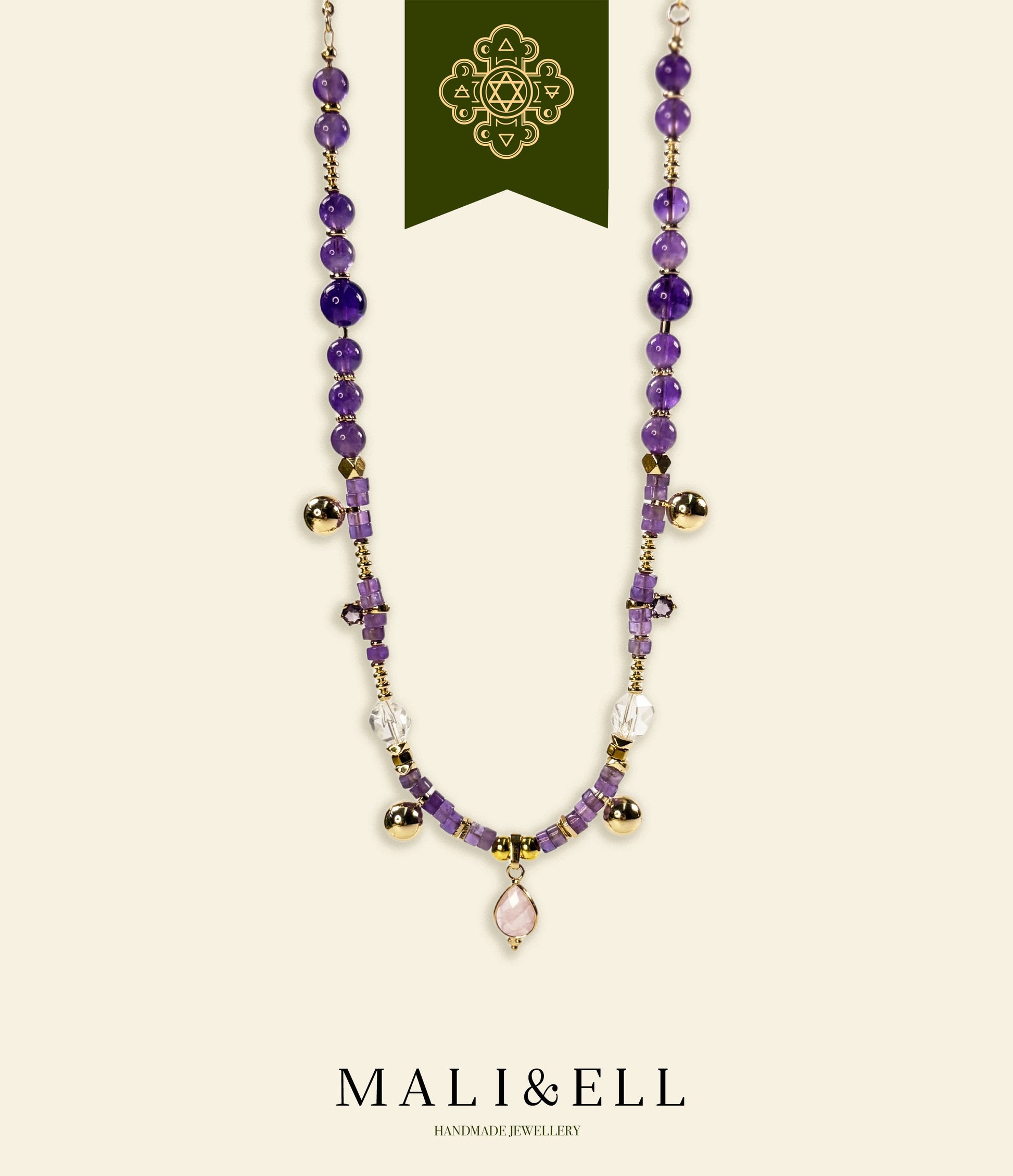 Purple Clarity Harmony Necklace – Amethyst, Clear Quartz & Rose Quartz Mali & Ell