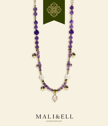 Purple Clarity Harmony Necklace – Amethyst, Clear Quartz & Rose Quartz Mali & Ell
