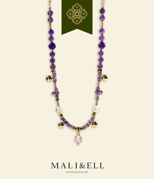 Purple Clarity Harmony Necklace – Amethyst, Clear Quartz & Rose Quartz Mali & Ell