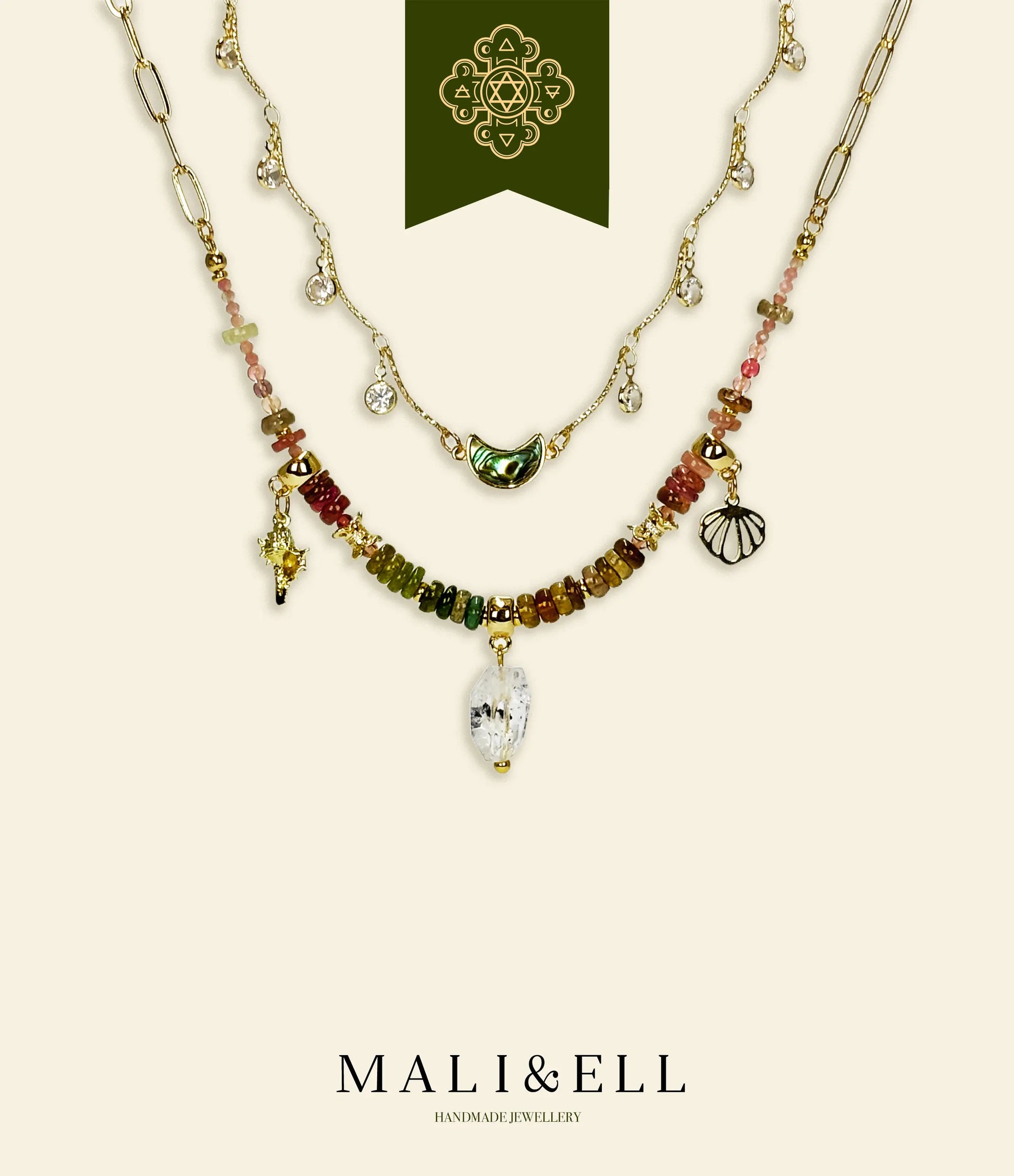 Multicolor tourmaline beads necklace with Herkimer diamond pendant