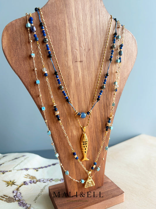 Deepwater Talisman – Blue Crystal Boho Necklace Layering Set Mali & Ell