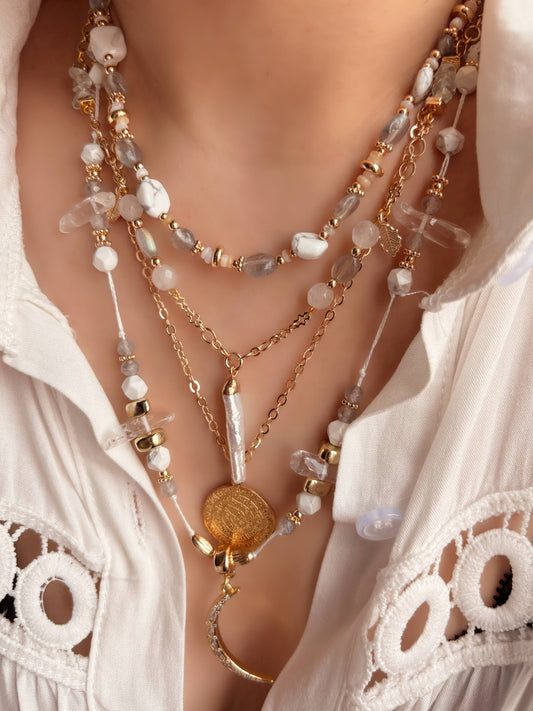 Moonveil Talisman - White Crystal Boho Necklace Layering Set Mali & Ell