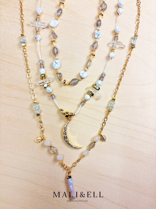 Moonveil Talisman - White Crystal Boho Necklace Layering Set Mali & Ell