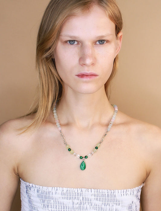 Morganite beaded necklace with malachite pendant