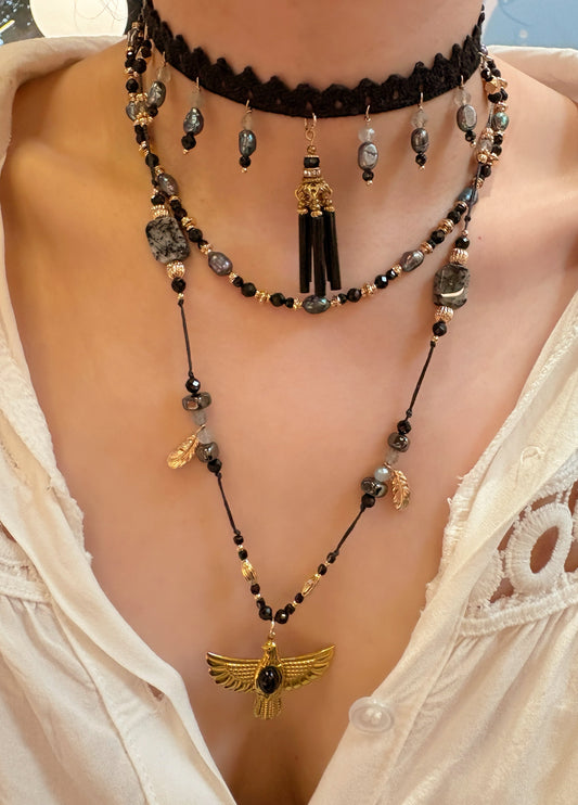 Nightforce Talisman - Black Crystal Boho Necklace Layering Set Mali & Ell