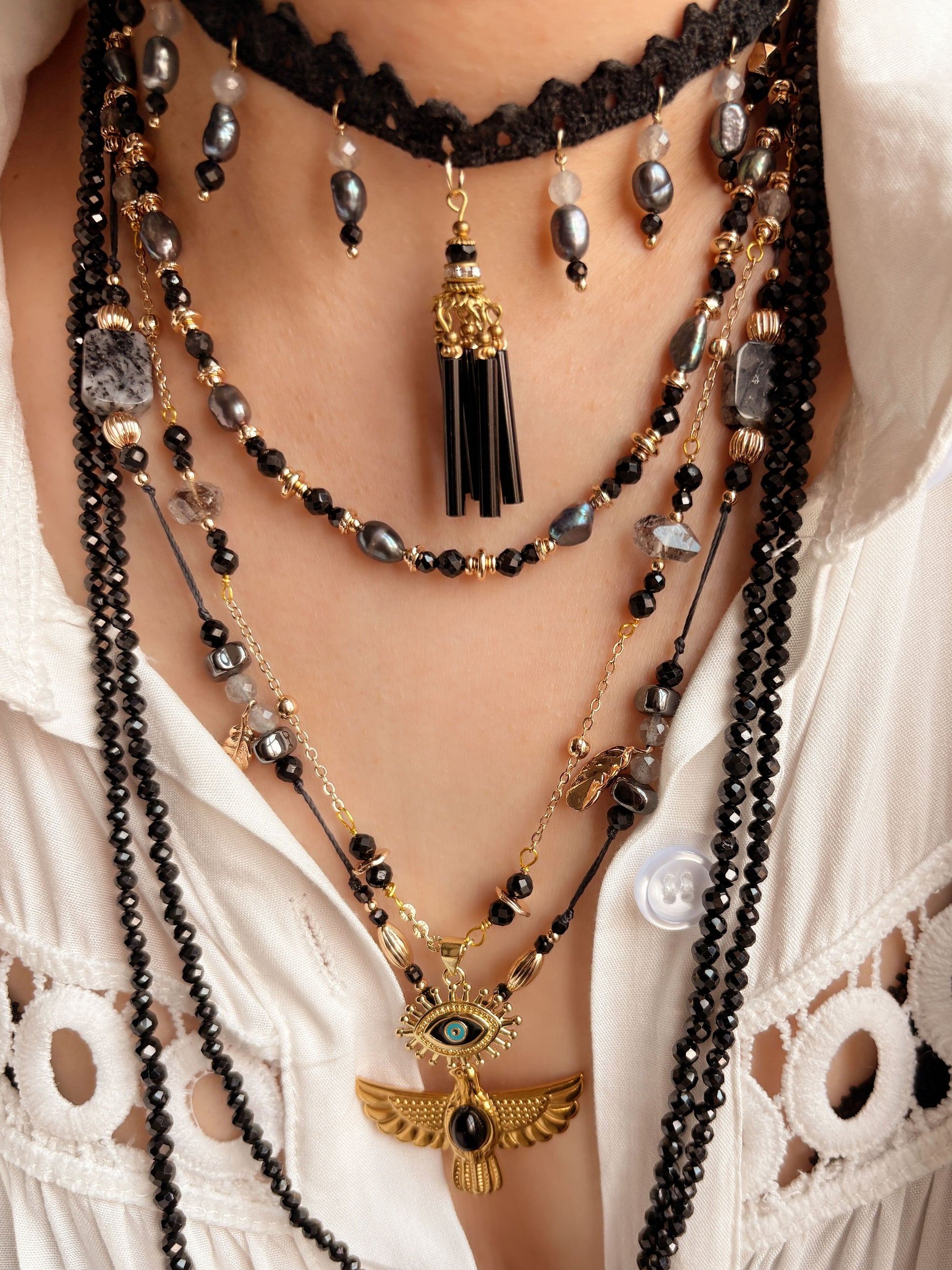 Nightforce Talisman - Black Crystal Boho Necklace Layering Set Mali & Ell