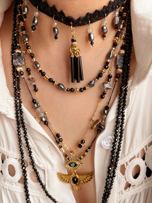 Nightforce Talisman - Black Crystal Boho Necklace Layering Set Mali & Ell