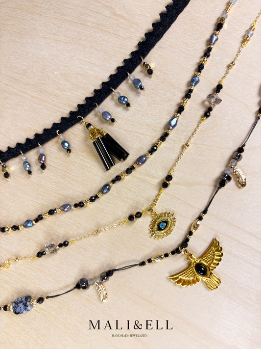 Nightforce Talisman - Black Crystal Boho Necklace Layering Set Mali & Ell
